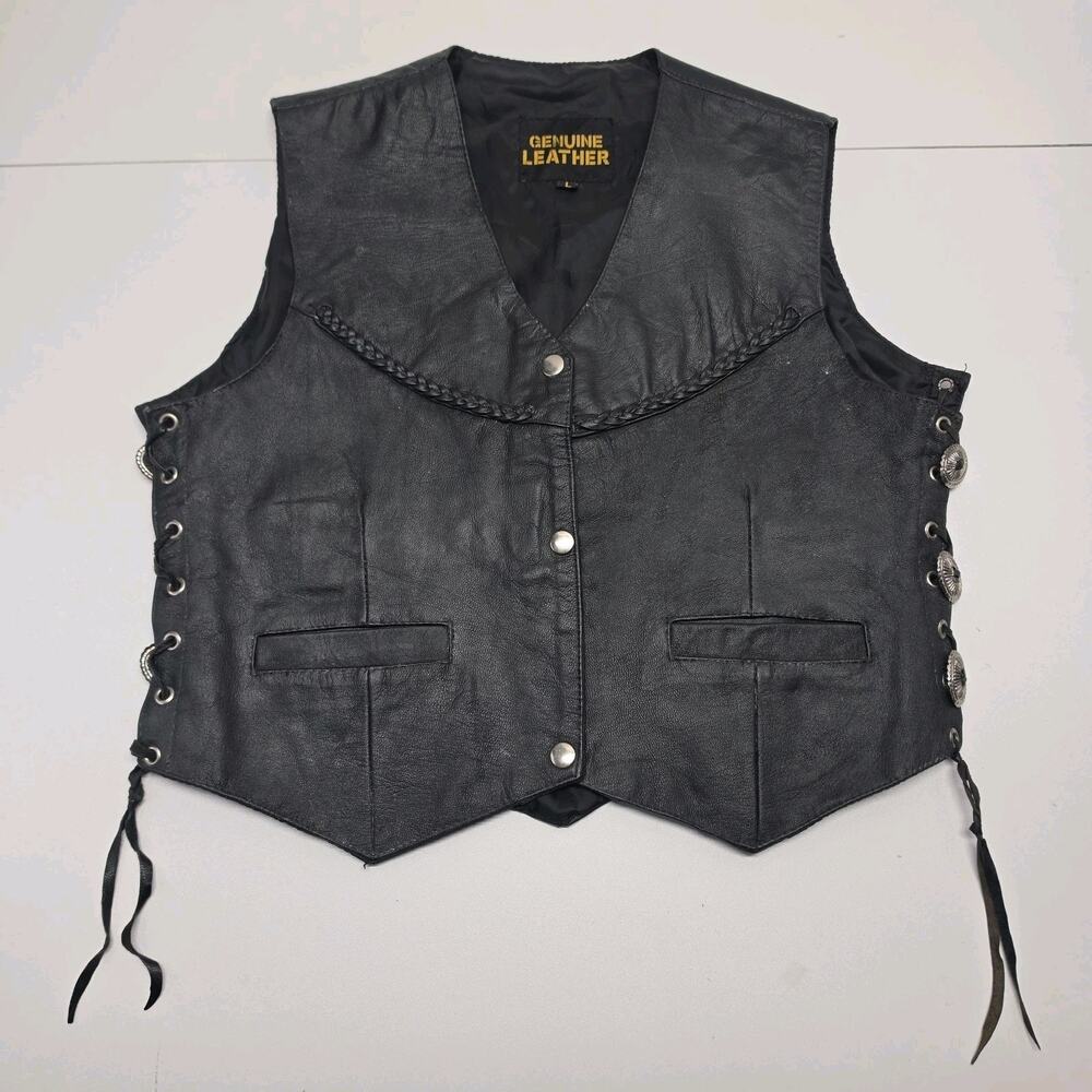 80s 90s Black Leather Snap Button Concho Vest Biker Western Motorcycle Large Vtg